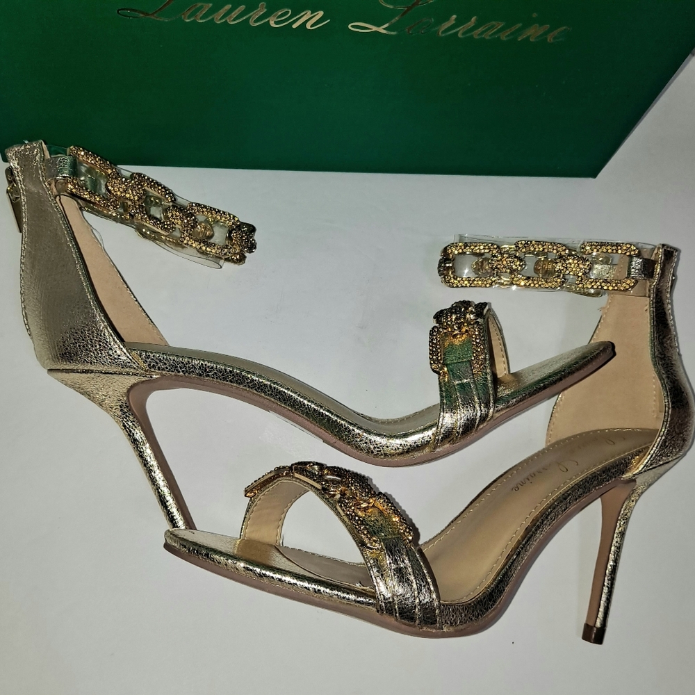 Metallic Gold High Heels Chain Zipper Back Pumps Lauren Lorraine NIB